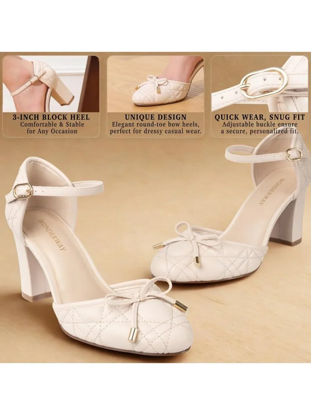 Women's Nude Chunky Block Heel Pumps, Bow Ankle Strap Closed Toe High Heels